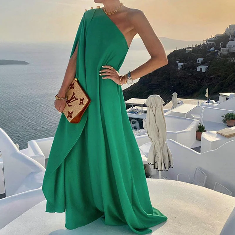 Fit-And-Flare DressStrike A Pose One Shoulder Statement Maxi Dress - Emerald