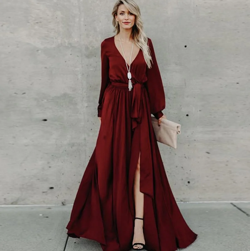 women's bridesmaid dressesKittenAlarm - Women Casual Long Sleeve V Neck Slit hem Maxi Dress Belted Solid Color Ladies Elegant Long Dress