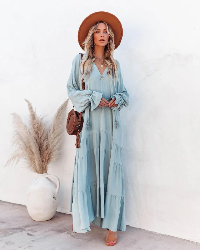 women's vacation dressesBowdan Tiered Boho Maxi Dress - Soft Blue