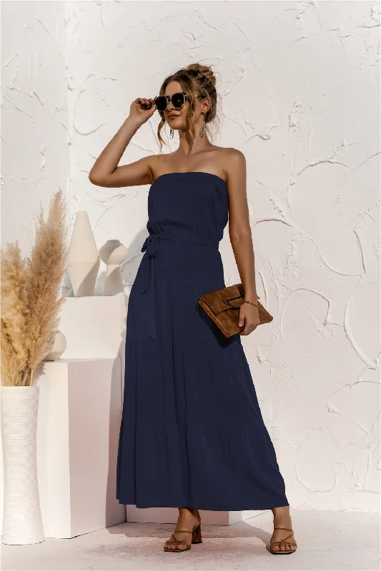 High-Neck DressFree Falling Strapless Tiered Maxi Dress - Deep Navy