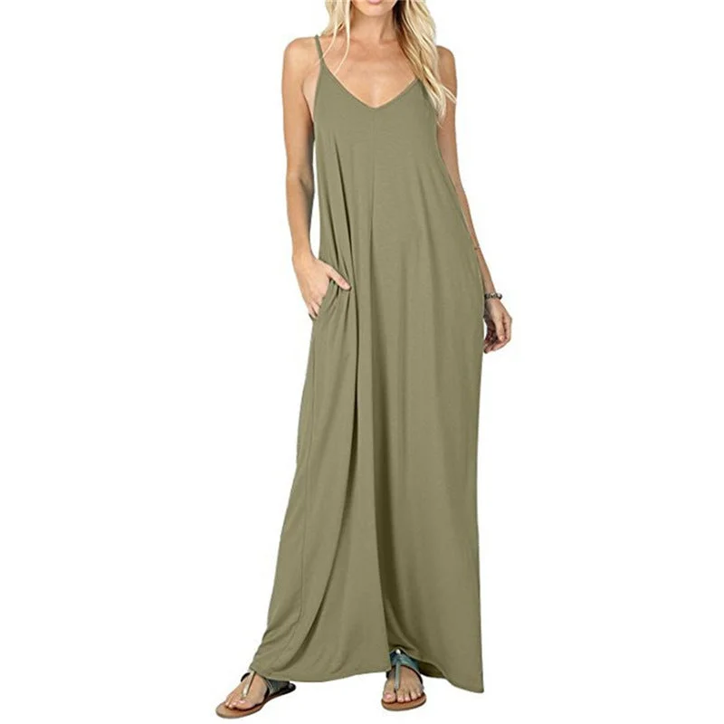 women's cinched-waist dressesOlivian Pocketed Maxi Dress - Moss Green