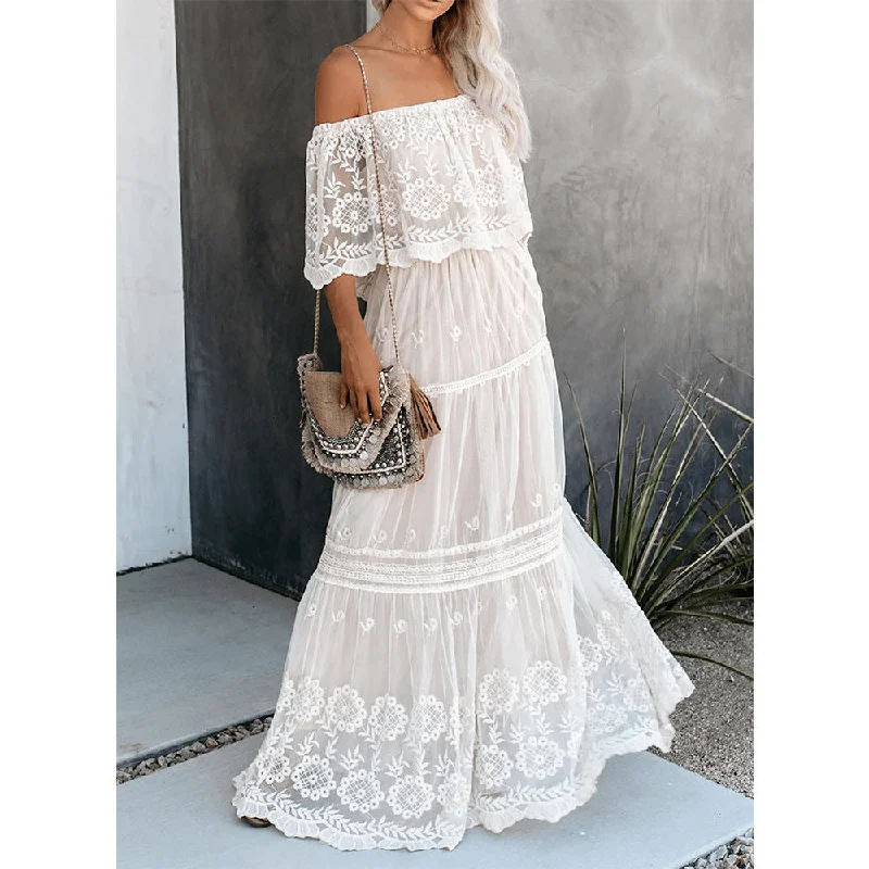 Leather DressFlower Child Off The Shoulder Lace Maxi Dress