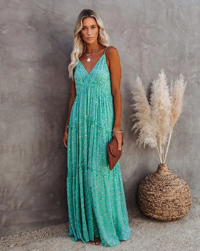 women's pastel dressesOdessa Metallic Detailed Maxi Dress - Teal