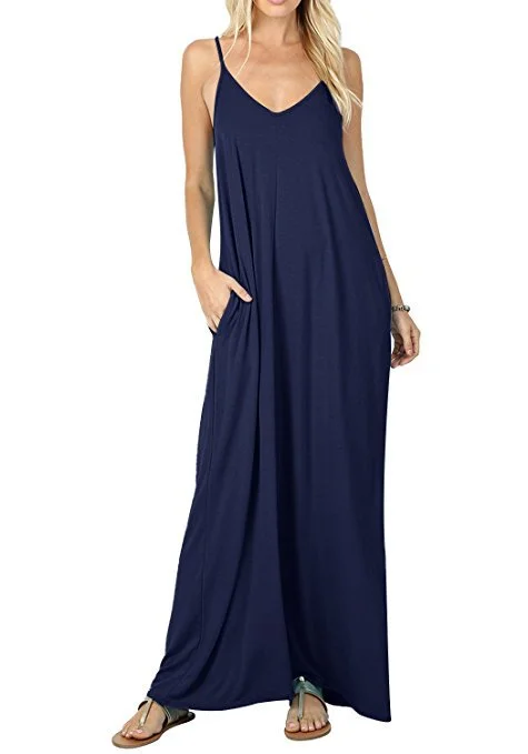 women's solid color dressesGiselle Tencel Pocketed Olivian Maxi Dress - Dark Blue