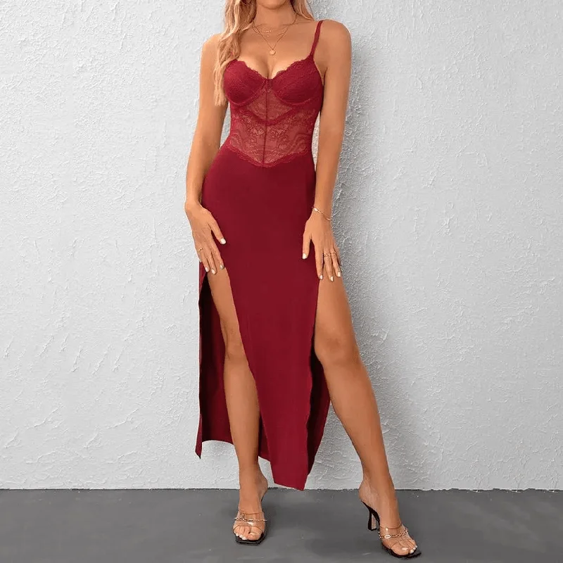 Crepe DressKittenAlarm - Stella Spaghetti Strap Plain Slit Panel Lace Maxi Dress