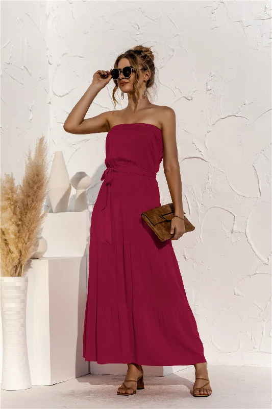 Cut-Out DressFree Falling Strapless Tiered Maxi Dress - Merlot