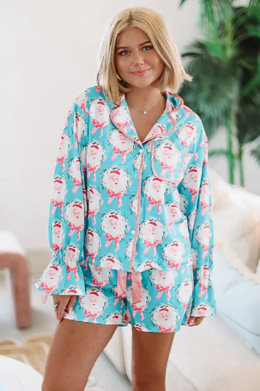 Santa and Bows Pajama Set - Teal