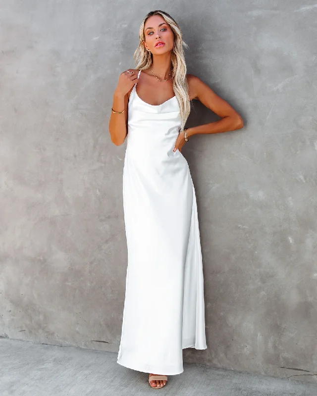 Zipper DressLove Letter Satin Cowl Neck Maxi Dress - Ivory