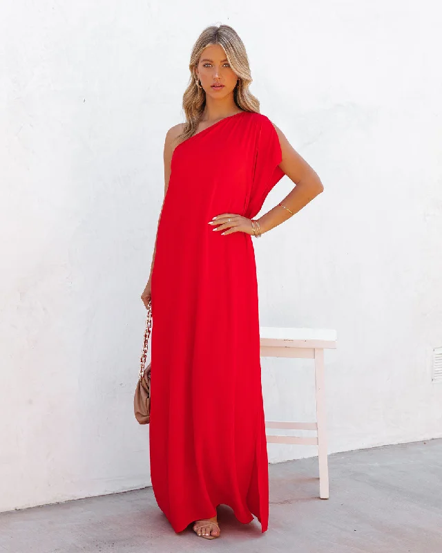 Empire DressStrike A Pose One Shoulder Statement Maxi Dress - Tomato Red