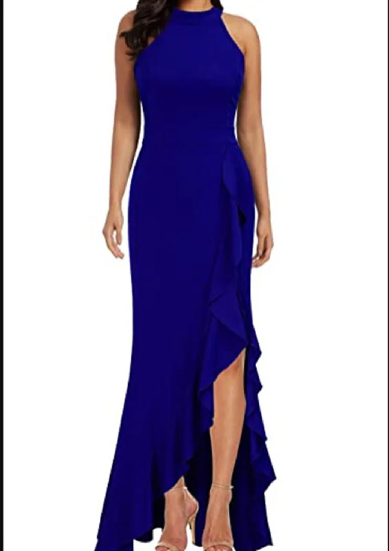 Long-Sleeve DressSunlit Soiree Satin High Low Ruffle Maxi Dress - Cobalt Blue - FINAL SALE