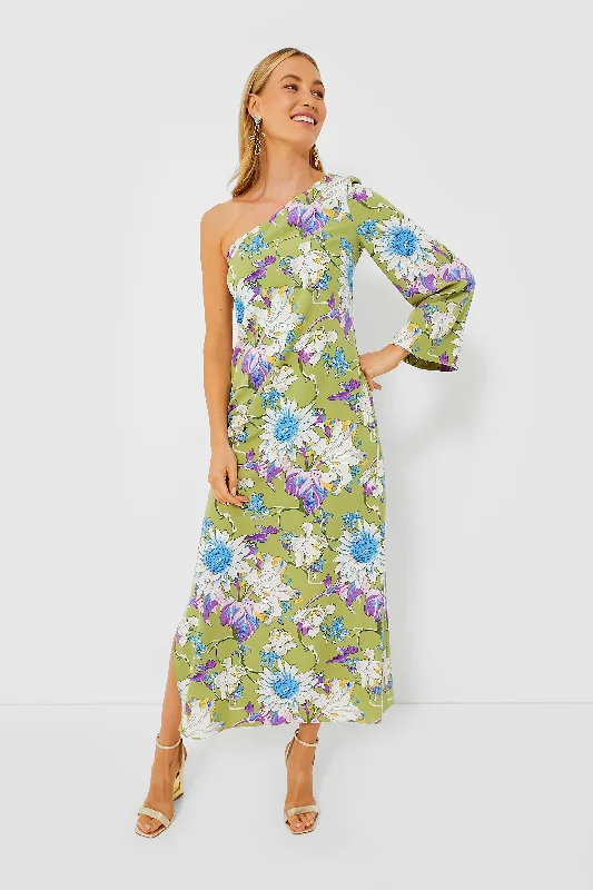 Satin DressGreen Floral One Shoulder Odelia Maxi Dress