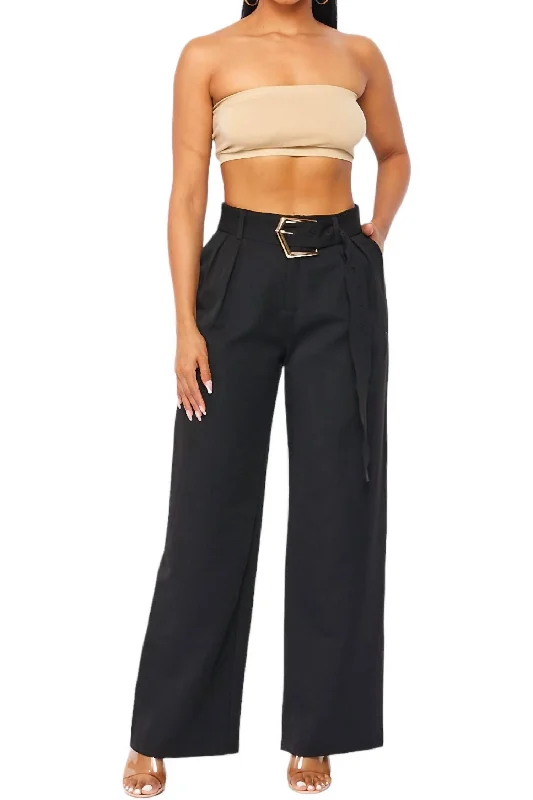 women's distressed pantsGold Belted Black Trouser