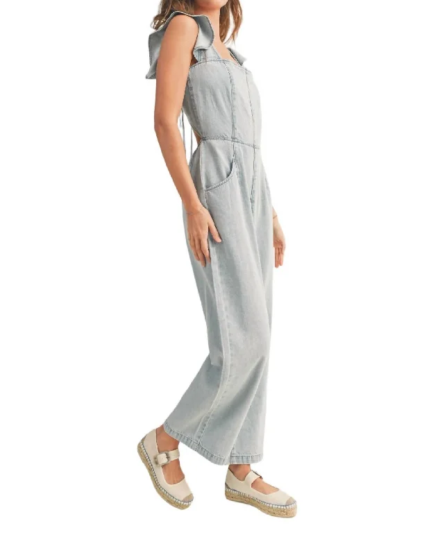 women's polyester pantsMiranda Ruffled Sleeve Denim Jumpsuit