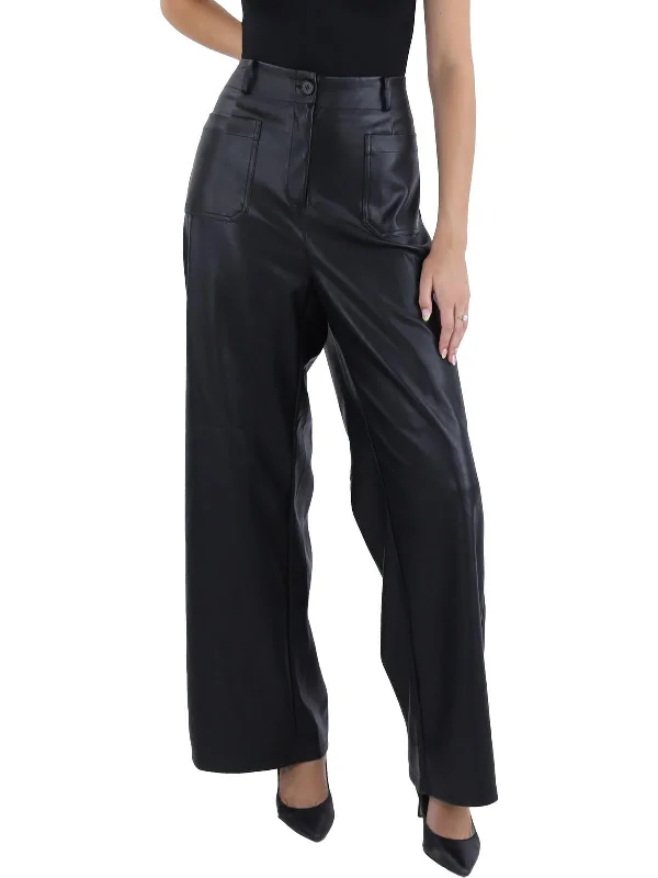 women's chic pantsReeve Womens Faux Leather High Rise Wide Leg Pants