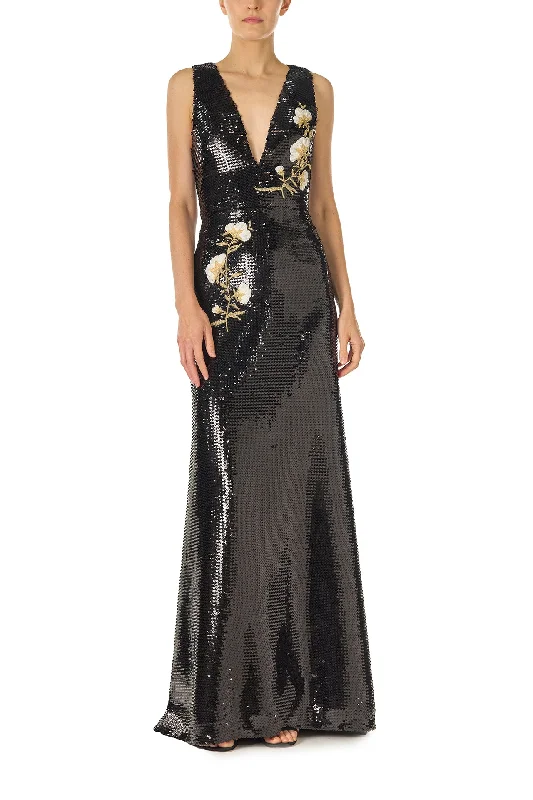 women's wrinkle-resistant dressesEmbroidered Sequin V-Neck Gown