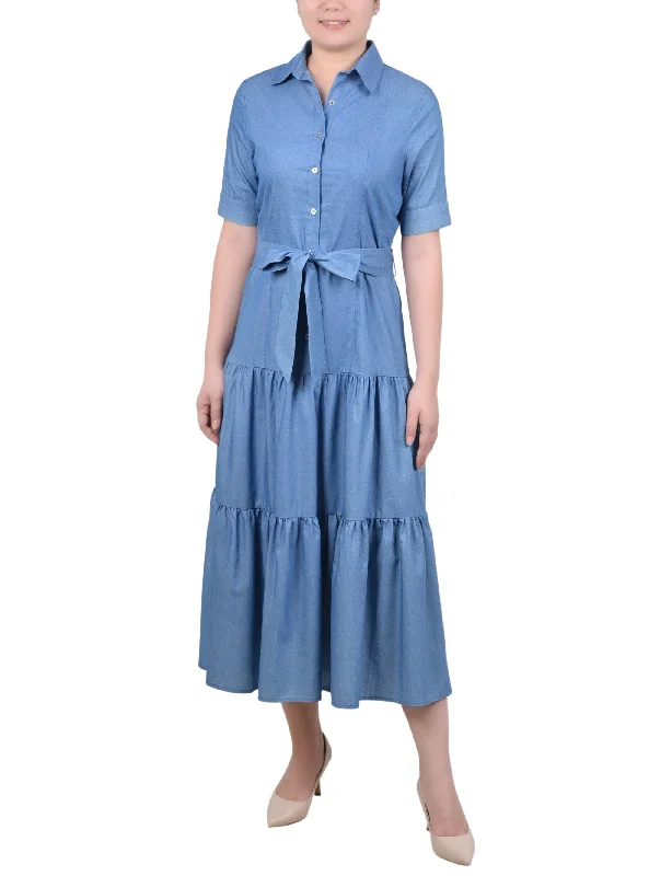 women's plus-size dressesShort Sleeve Belted Chambray Dress