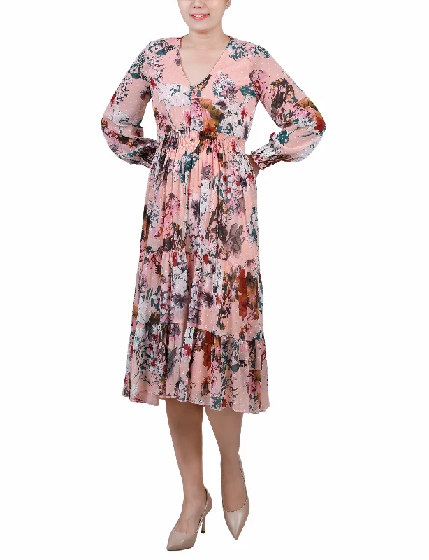 Jersey DressLong Sleeve Clip Dot Chiffon Dress With Smocked Waist and Cuffs