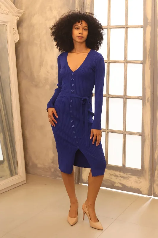 Long-Sleeve DressPetite Button Down Knit Dress (Royal Blue)