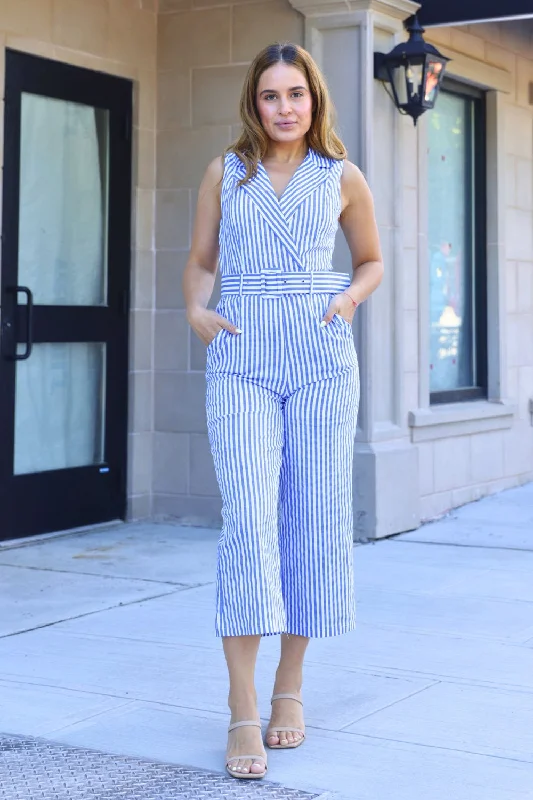 Jersey DressPetite Striped Belted Jumpsuit (Blue)