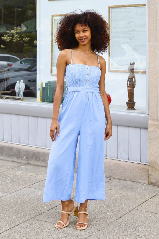 women's handmade dressesPetite Wide Leg Smocked Top Linen Jumpsuit (Light Blue)