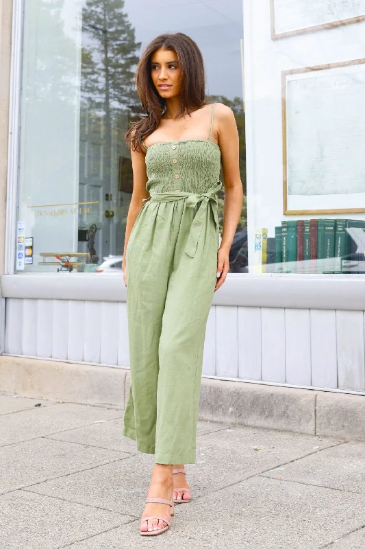 women's petite dressesPetite Wide Leg Smocked Top Linen Jumpsuit (Light Olive)