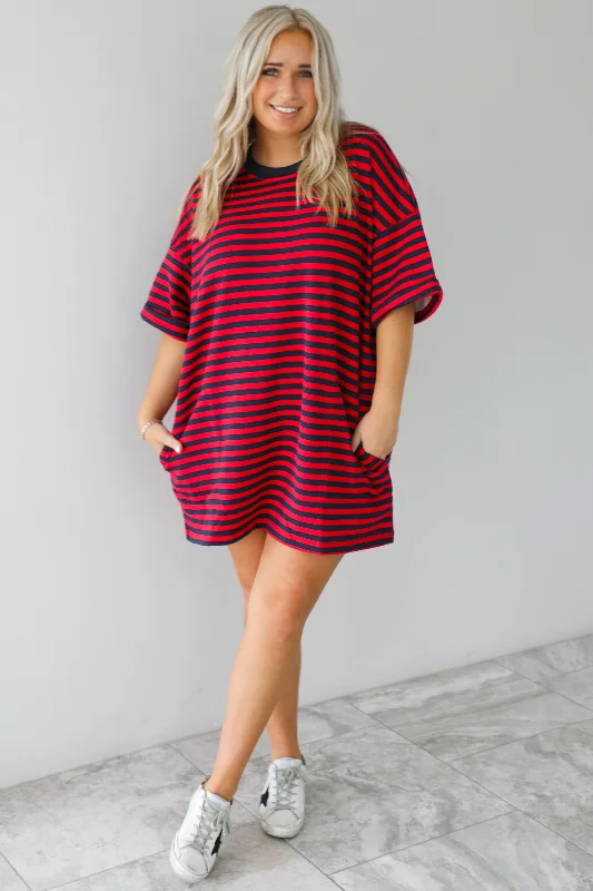 women's cold-shoulder dressesRESTOCK: Easy Does It Tunic: Red/Navy