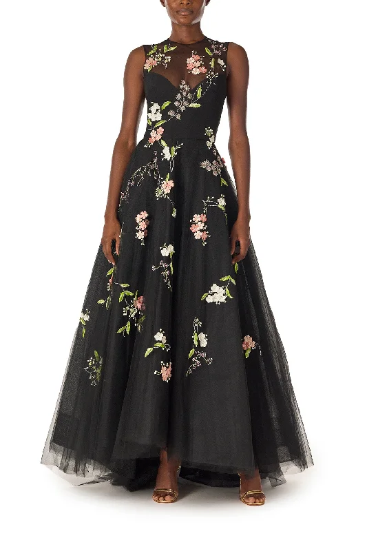 Crepe DressFloral Embroidered Tulle Gown