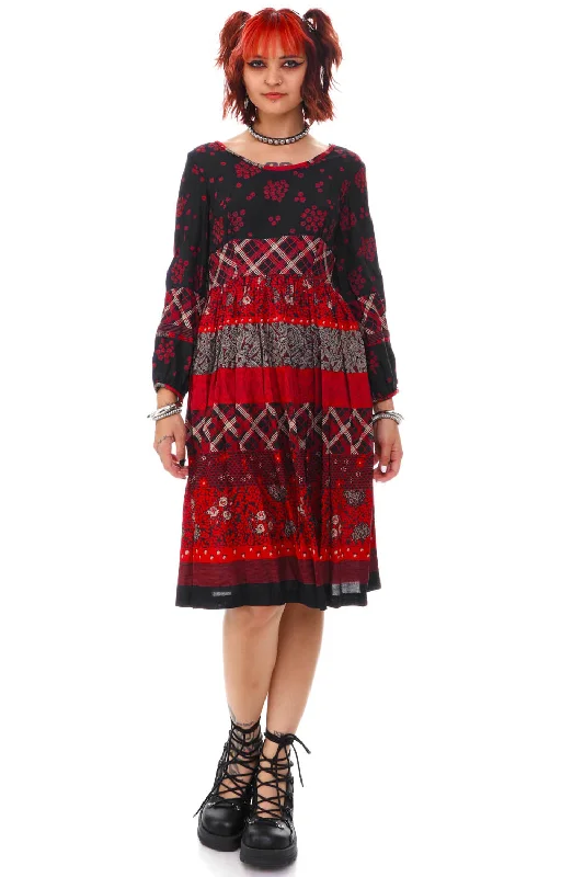 Shift DressVintage 90's Red & Black Striped Multi Print Long-Sleeve Dress - XS