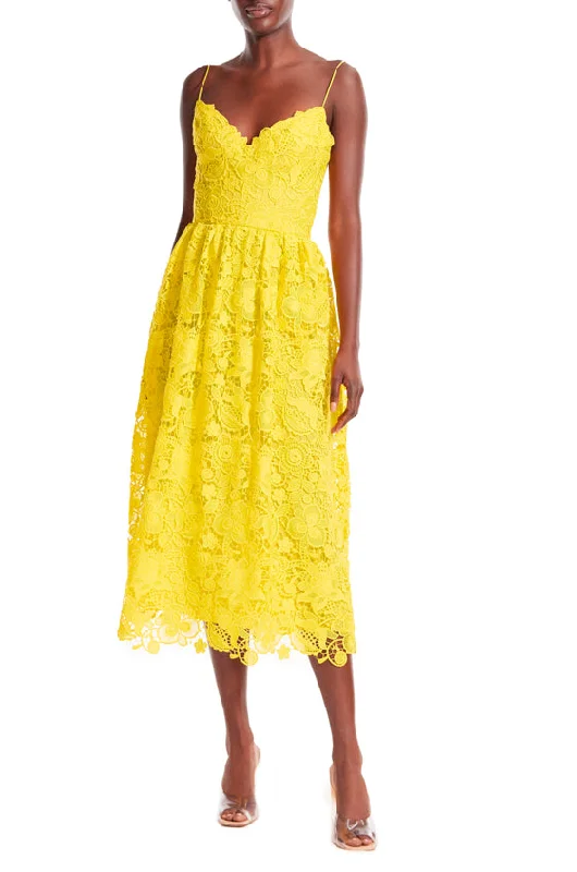 women's halter dressesYellow Guipure Lace Tea Length Dress