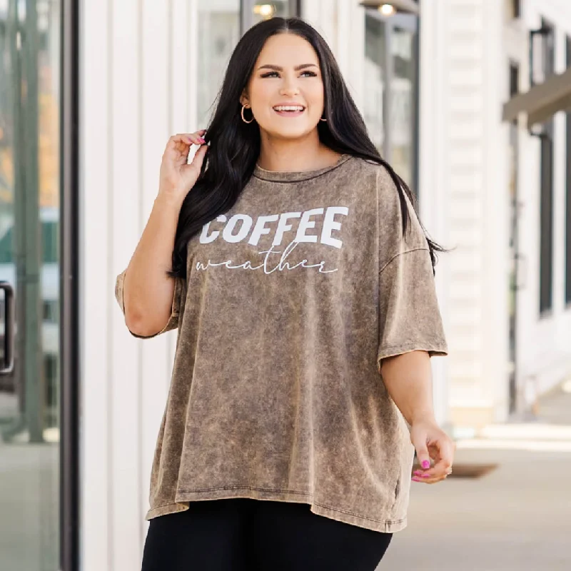 women's tops with cold-shoulder cuts and lace detailingCoffee Weather Acid Wash Boyfriend Tee, Rust Brown