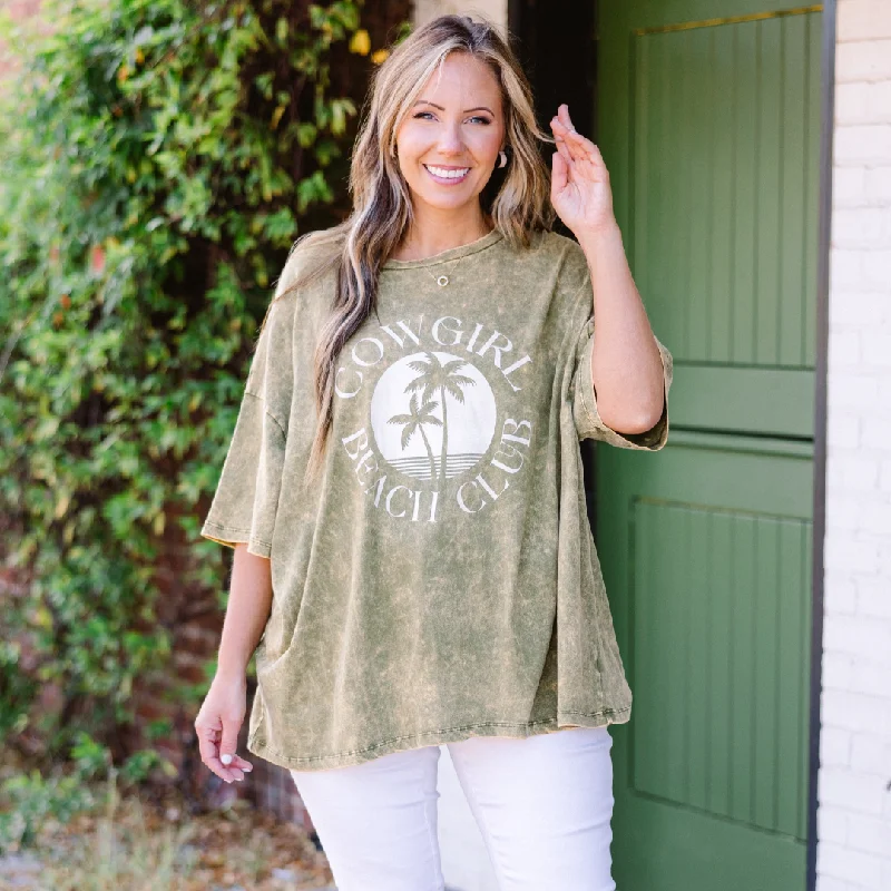 women's tops for creating capsule wardrobesCowgirl Club Acid Wash Boyfriend Tee, Golden Olive