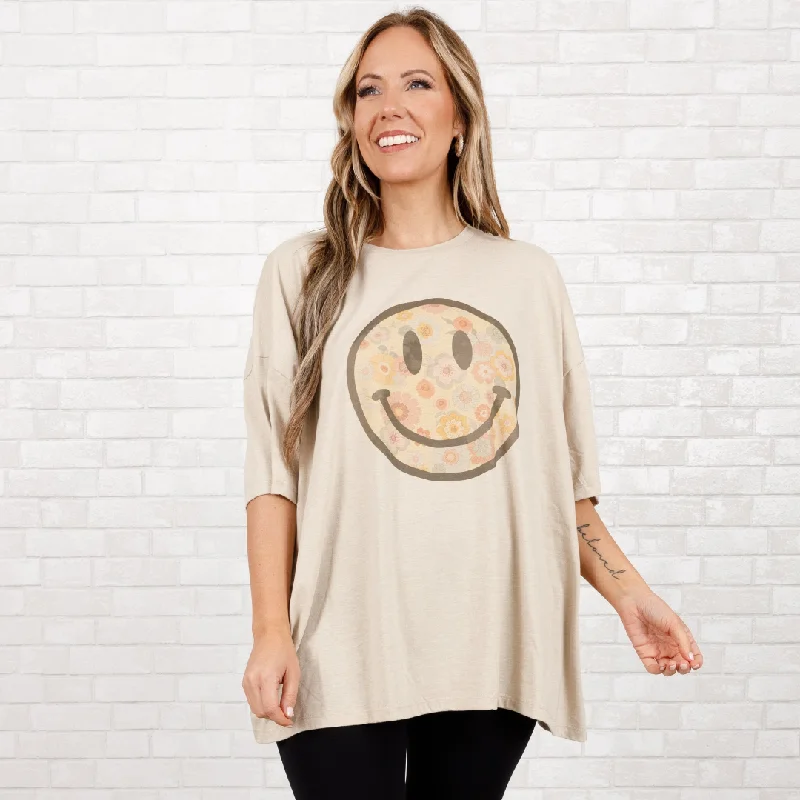 women's tops for those who value both quality and affordabilityFlowers Make Me Smile Boyfriend Tee, Heather Beige