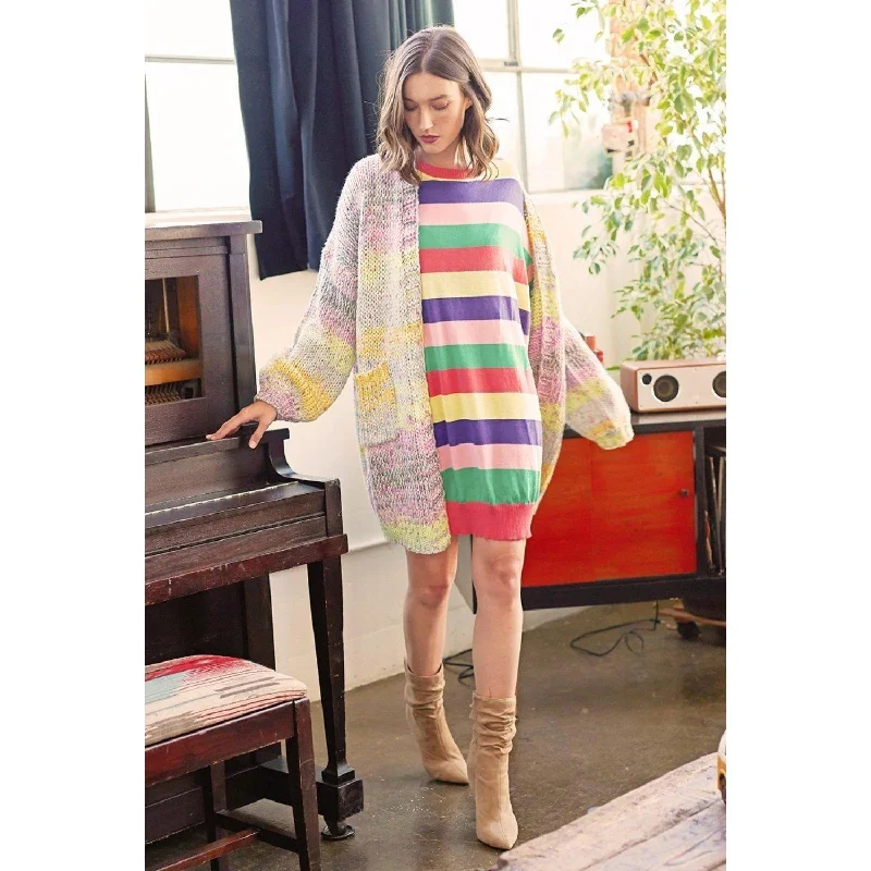 Affordable Women's SweatersMulti-colored Striped Knit Sweater Dress