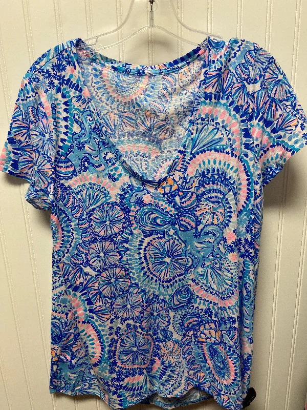 satin women's topsTop Short Sleeve Designer By Lilly Pulitzer In Blue & White, Size: L