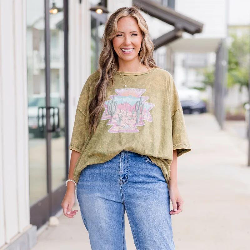 women's tops for those who want to add a touch of sophistication to their casual attireWild Out Here Acid Wash Boyfriend Tee, Golden Olive